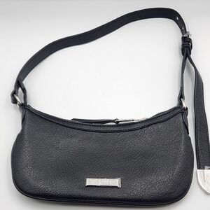 Jessica Simpson Women's Black Faux Leather Shoulder Bag – Butterfly Logo - 11 in